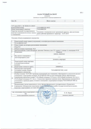 Кадастровый паспорт помещения, Энгельса 115к1 - 44Н